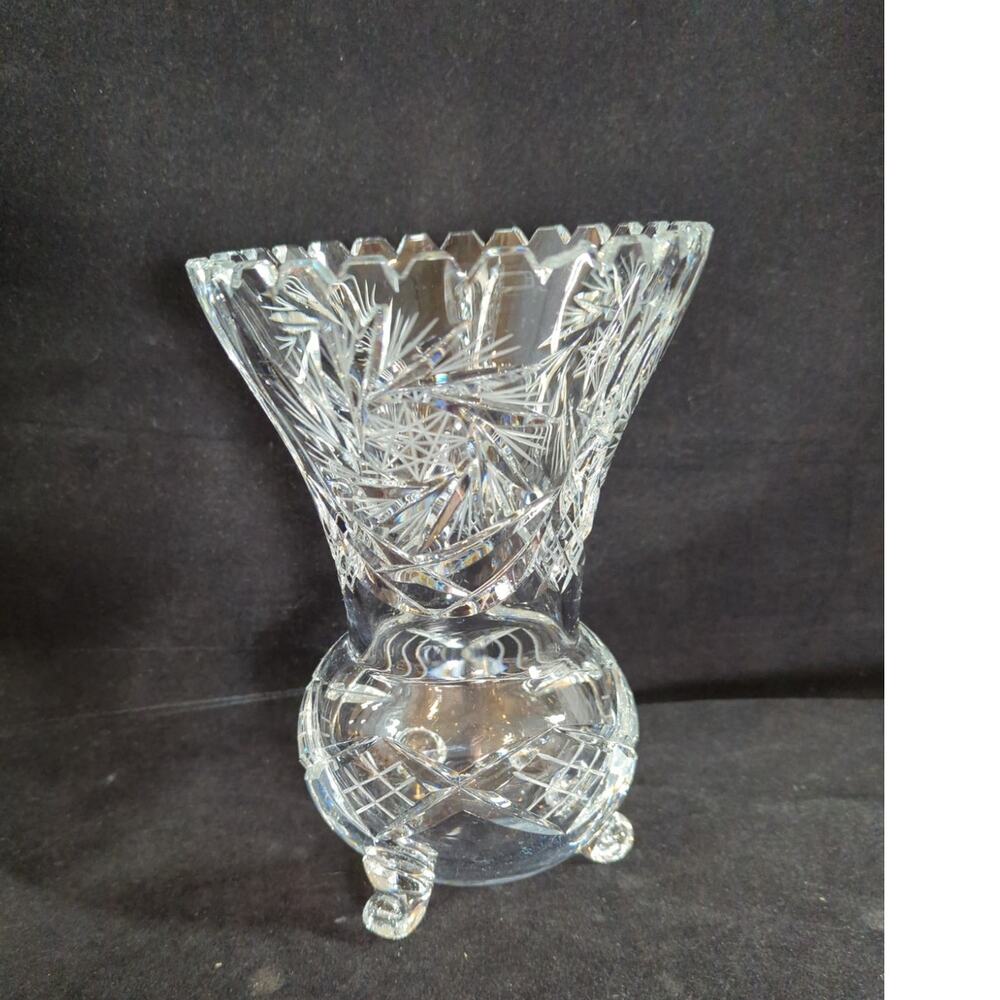 Vintage Heavy Cut Crystal Footed Vase Pinwheels Star Sawtooth Edge